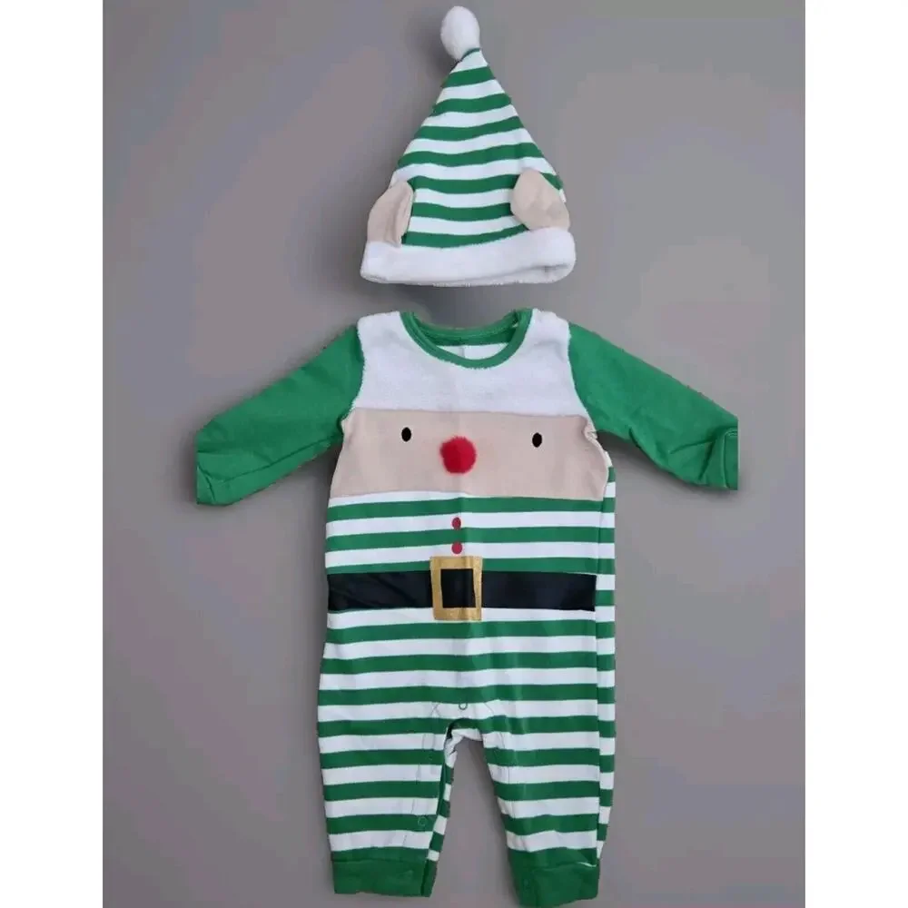 Holiday Time Elf Romper Infant Outfit w/ Hat 6-9 Months Green White Stripes